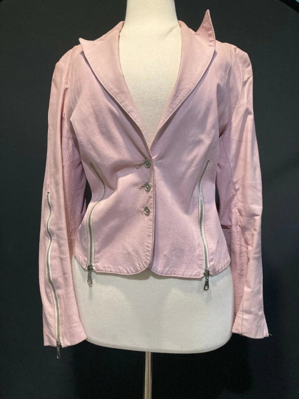 2000s Y2K Genuine Leather Pink Zip Detail Blazer Jacket Florence Italy